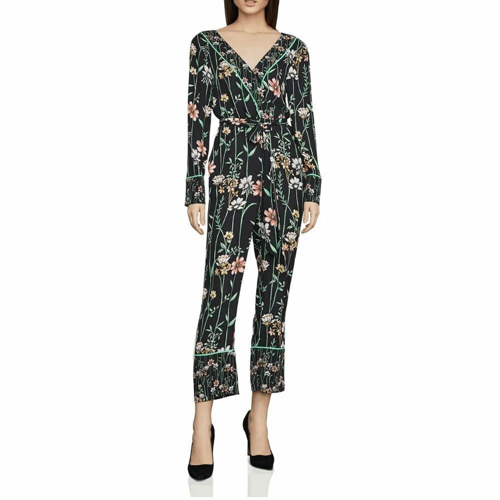 BCBG MaxAzria Women XS Black Botanical Floral Faux Wrap‎ Jumpsuit MSRP $268